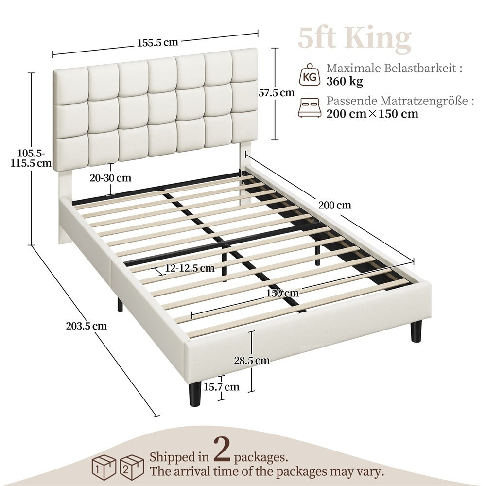 Upholstered Bed Frame, Modern Platform Bed Frame with Strong Wooden Slats Support and Square Tufted Headboard Height Adjustable