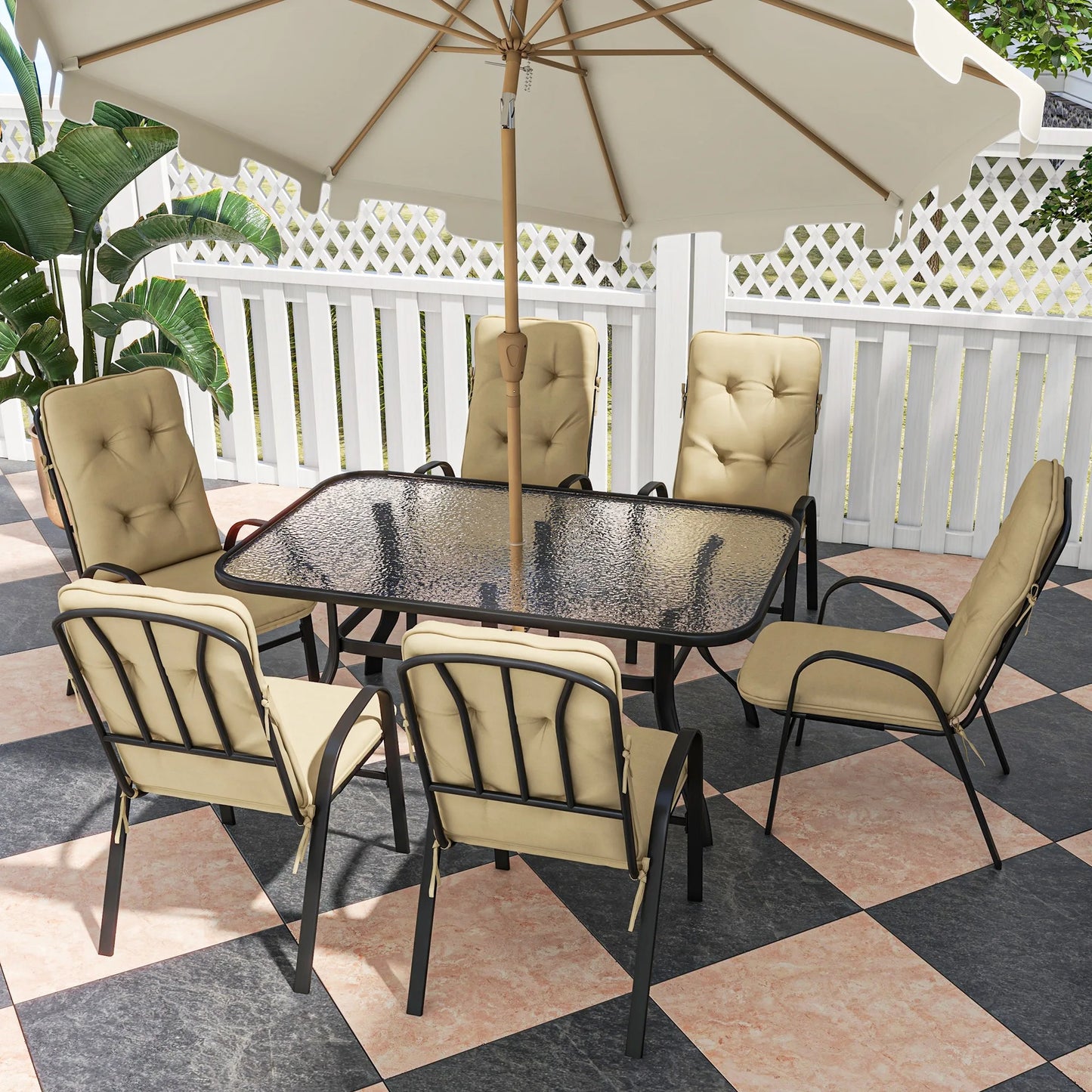 7-Piece Outdoor Dining Set with Cushions and Tempered Glass Top Table