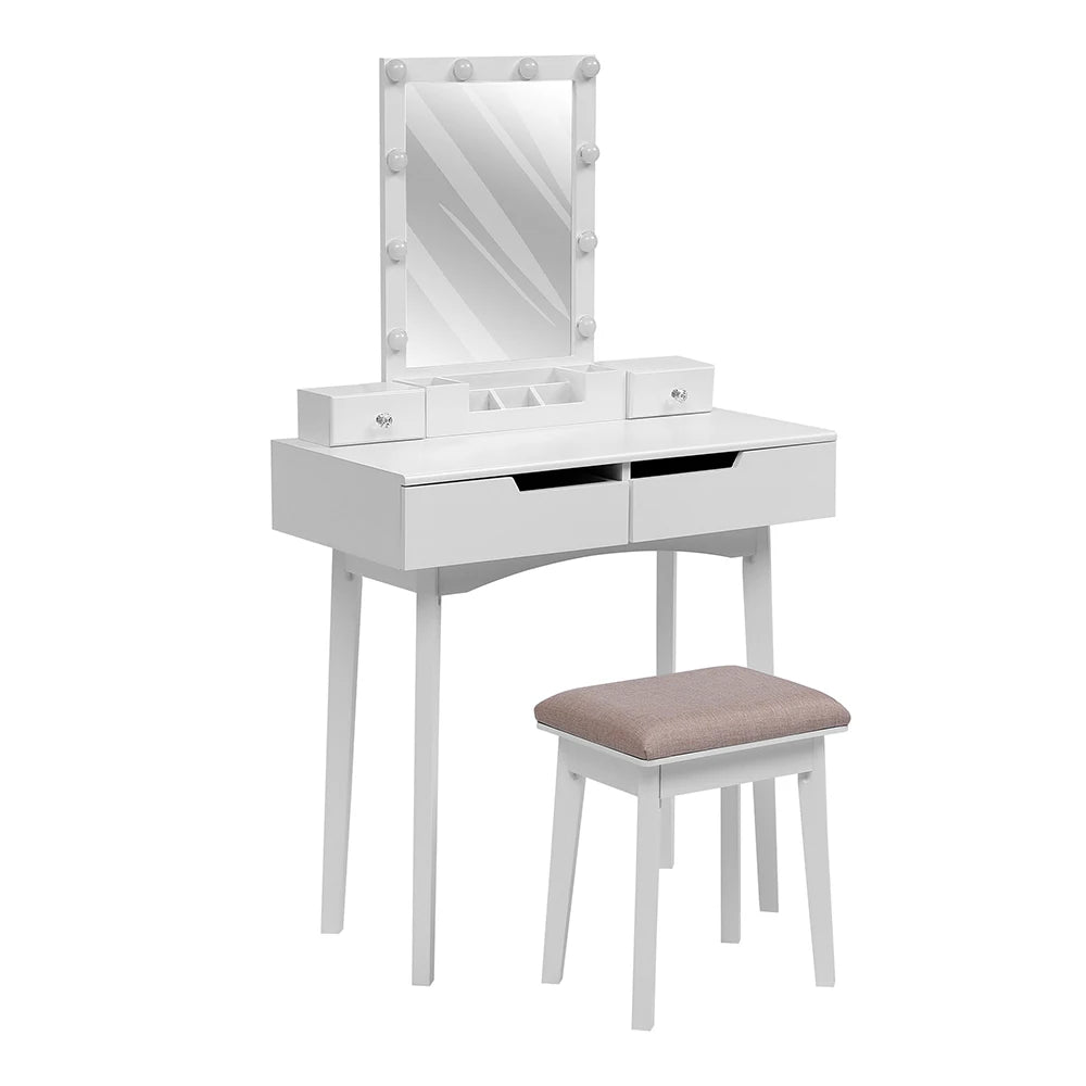 Modern Vanity Makeup Table and Cushioned Stool Set with 4 Drawers, White