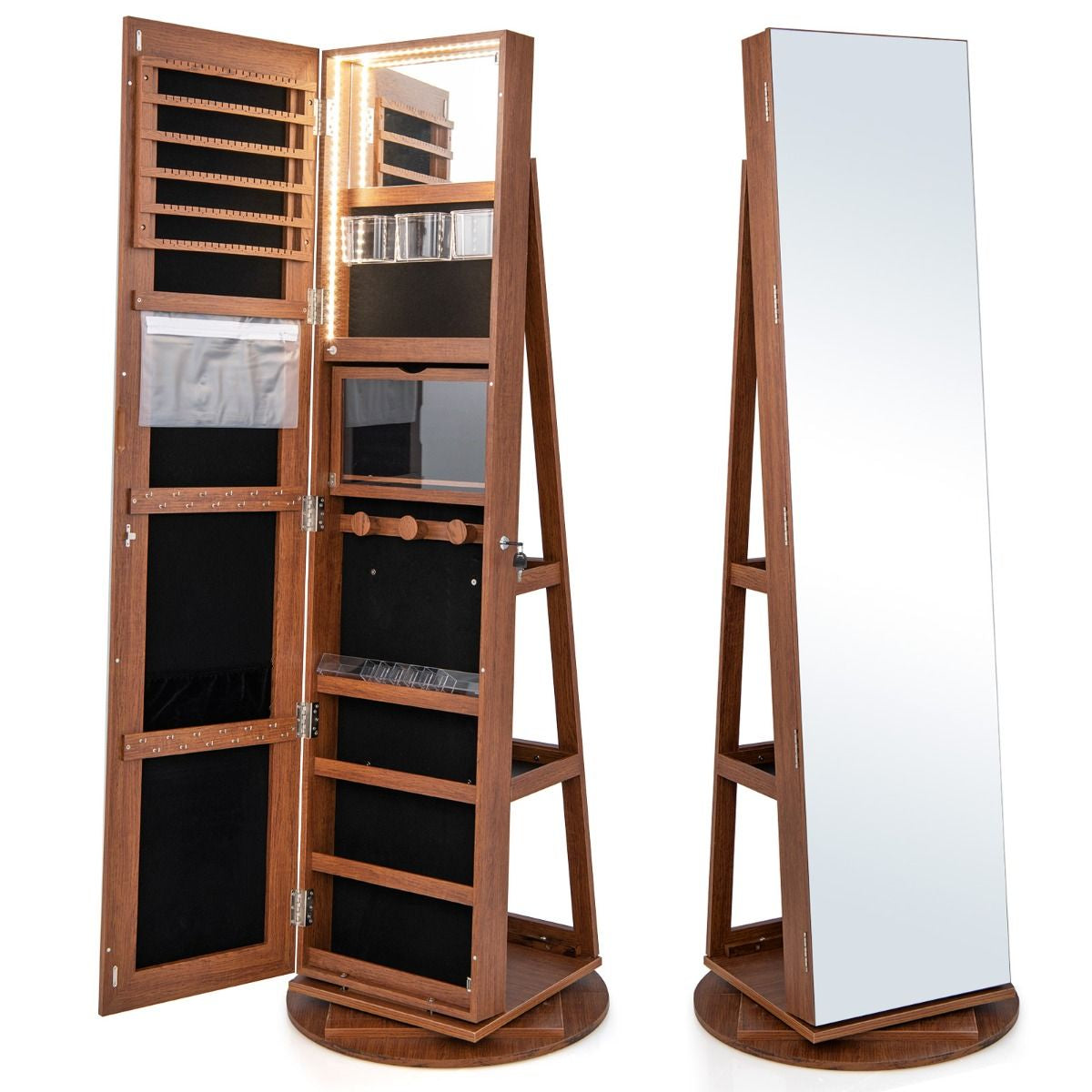 360-Degree Mirrored Jewelry Armoire with 3-Color Auto-On LED Lights