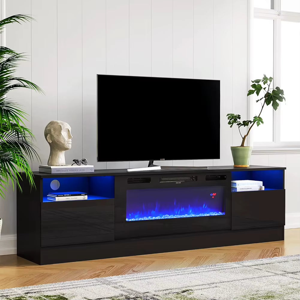 Recessed Electric Fireplace TV Stand with Closed Storage, Overheating Protection, 12 Colors, 1-8H Timer, Black&White