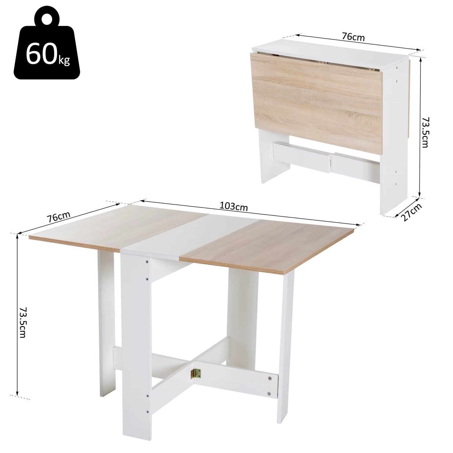 Wooden Folding Table Writing Desk Oak, White Home Office