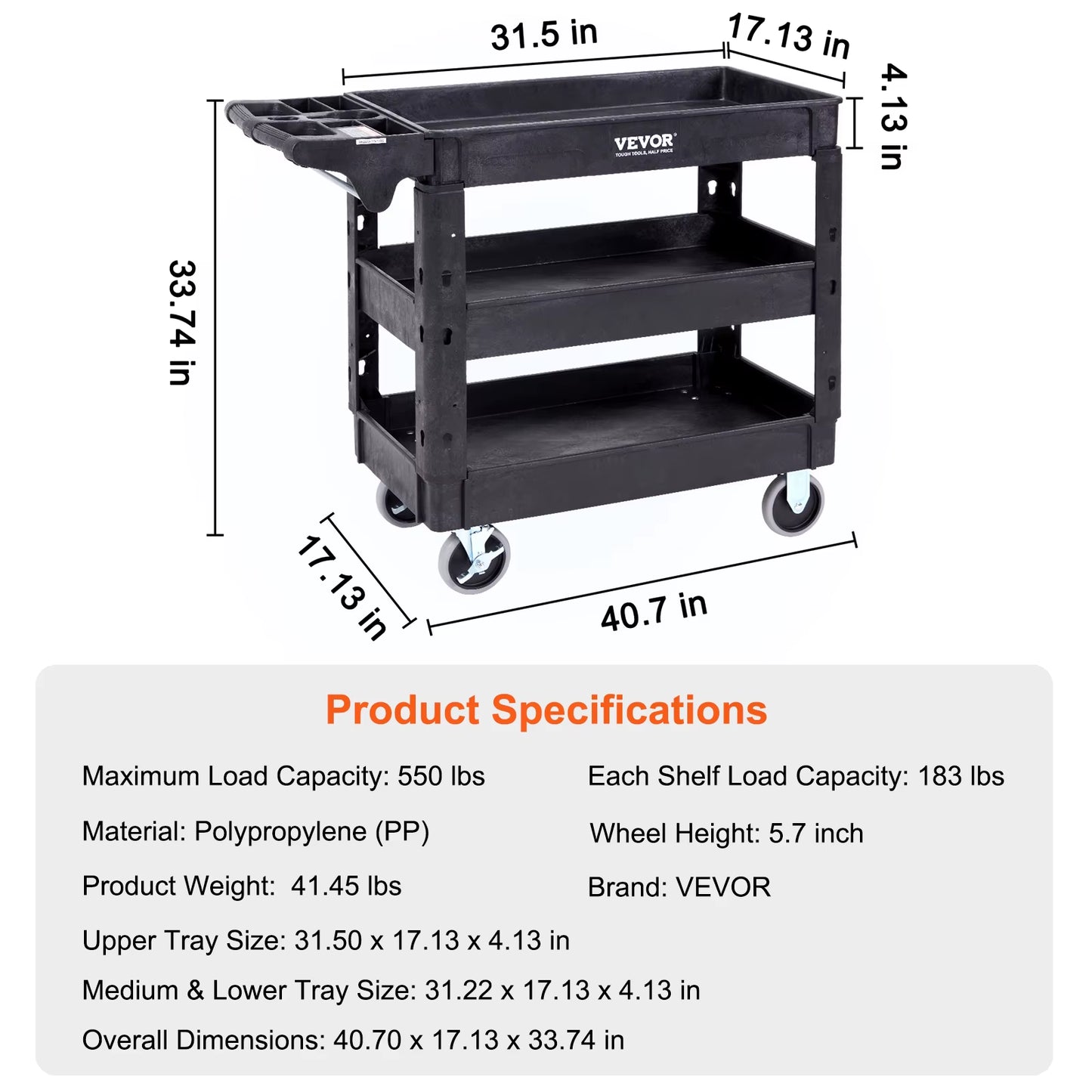 2/3 Shelf Utility Service Cart Heavy Duty with 360° Swivel Wheels Ergonomic Storage Handle for Warehouse/Garage/Cleaning