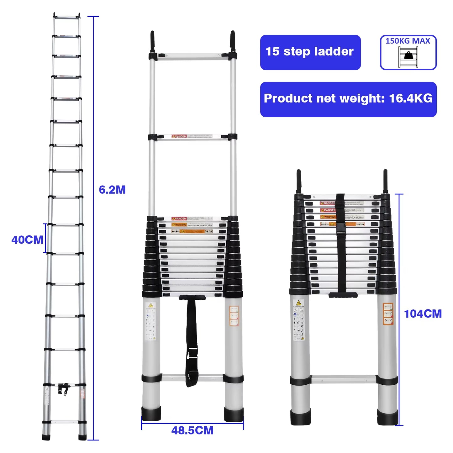 Multi-Size Aluminium Telescopic Ladder with Non-Slip Feet,Adjustable Lightweight Ladder for Home or Caravan, 330Lb Load Capacity