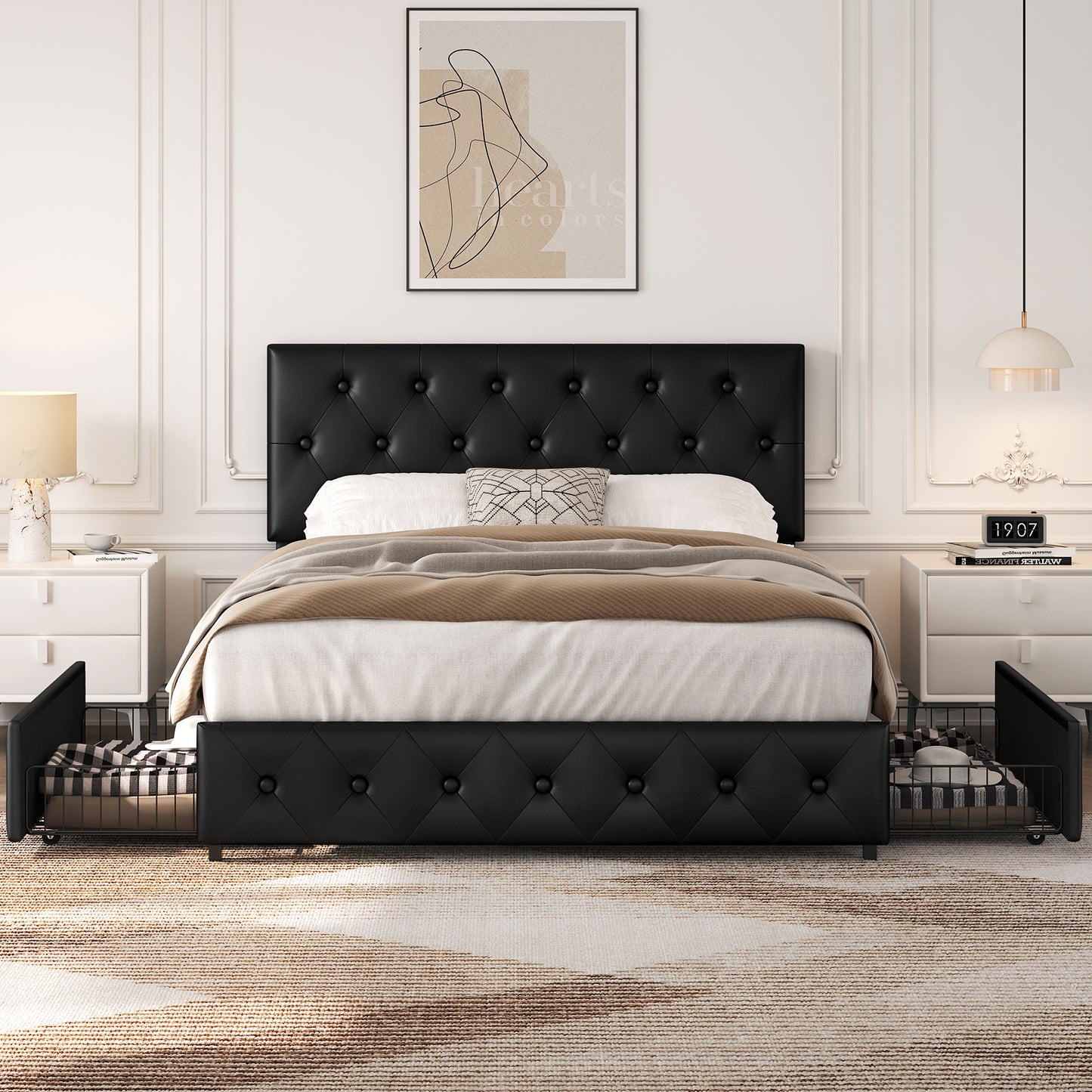 Upholstered Bed Frame with Large Pull-Out Drawers Storage & Height-Adjustable Headboard, Faux Leather