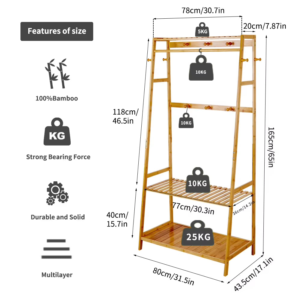 Bamboo Garment Coat Clothes Hanging Heavy Duty Rack with Top Shelf and 2-Tier Shoe Clothing Storage Organizer Shelves