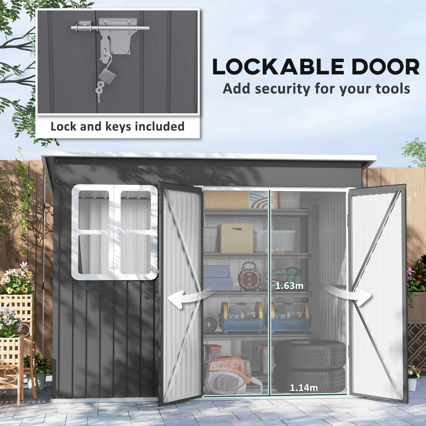 8.5x6 ft Galvanised Steel Garden Shed with Foundation Kit – Grey