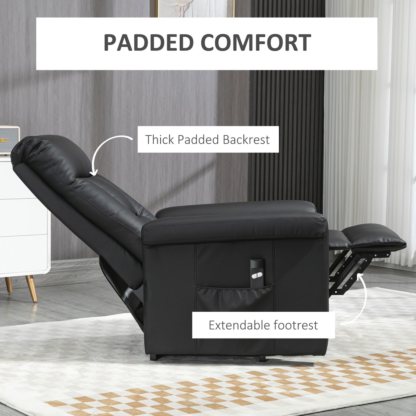 Power Lift Chair with PU Leather, Electric Recliner, Side Pocket, Black