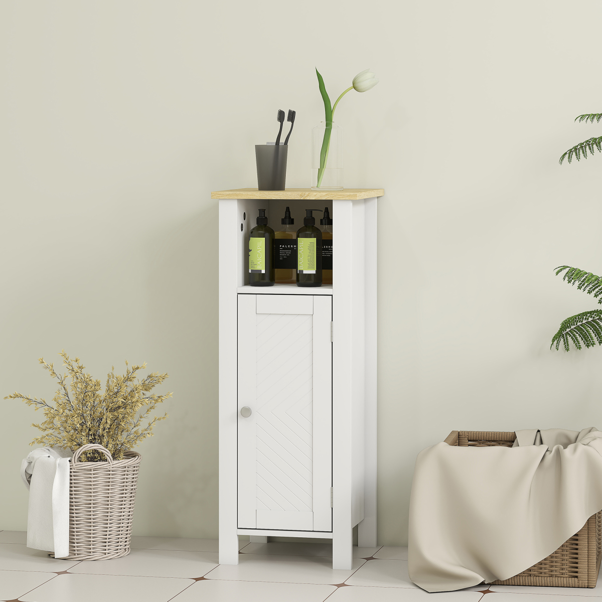 Sleek White Narrow Bathroom Storage Cabinet with Open Shelf & Two-Tier Cupboard