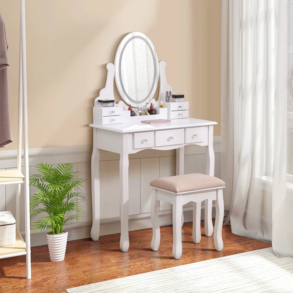 Modern Vanity Makeup Table and Cushioned Stool Set with 7 Drawers