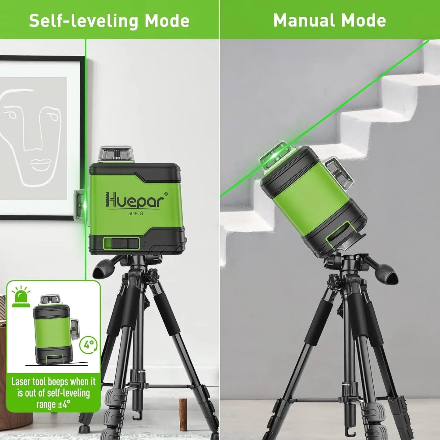 503CG 12 Lines 3D Cross Line Self-Leveling Laser Level 3 X 360 Green Beam Tool with 2Pcs Li-Ion Battery & Portable Bag