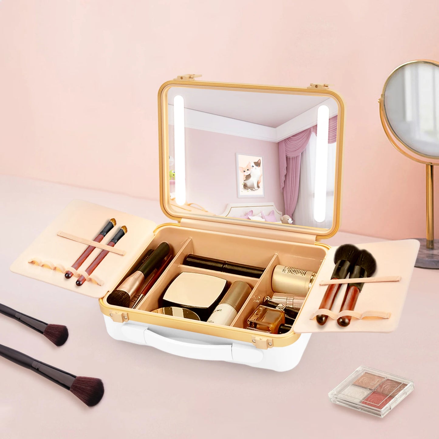 Travel Makeup Case with LED Mirror, Comfortable Handle, Portable Battery Powered Makeup Storage Box