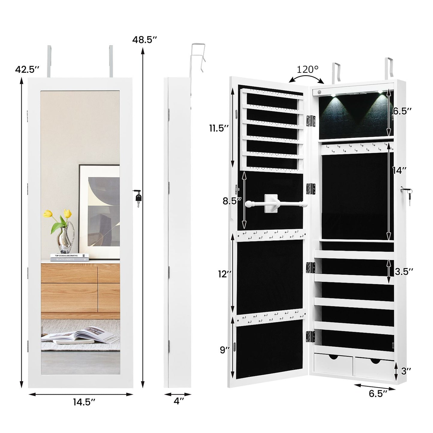 Lockable Jewelry Cabinet with Full Length Mirror and LED Lights
