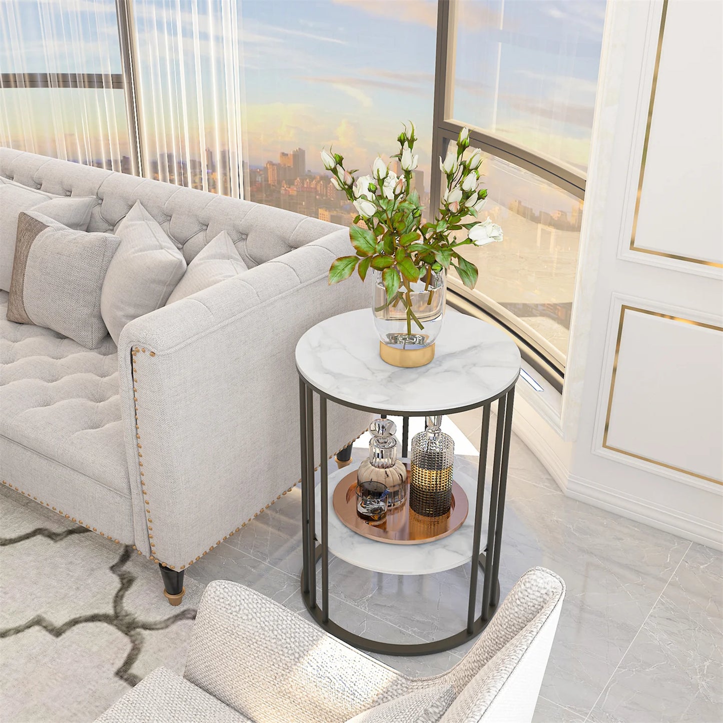 Sleek Tall Frame End Table with Sintered Stone Top - Stylish Nightstand and Storage Solution