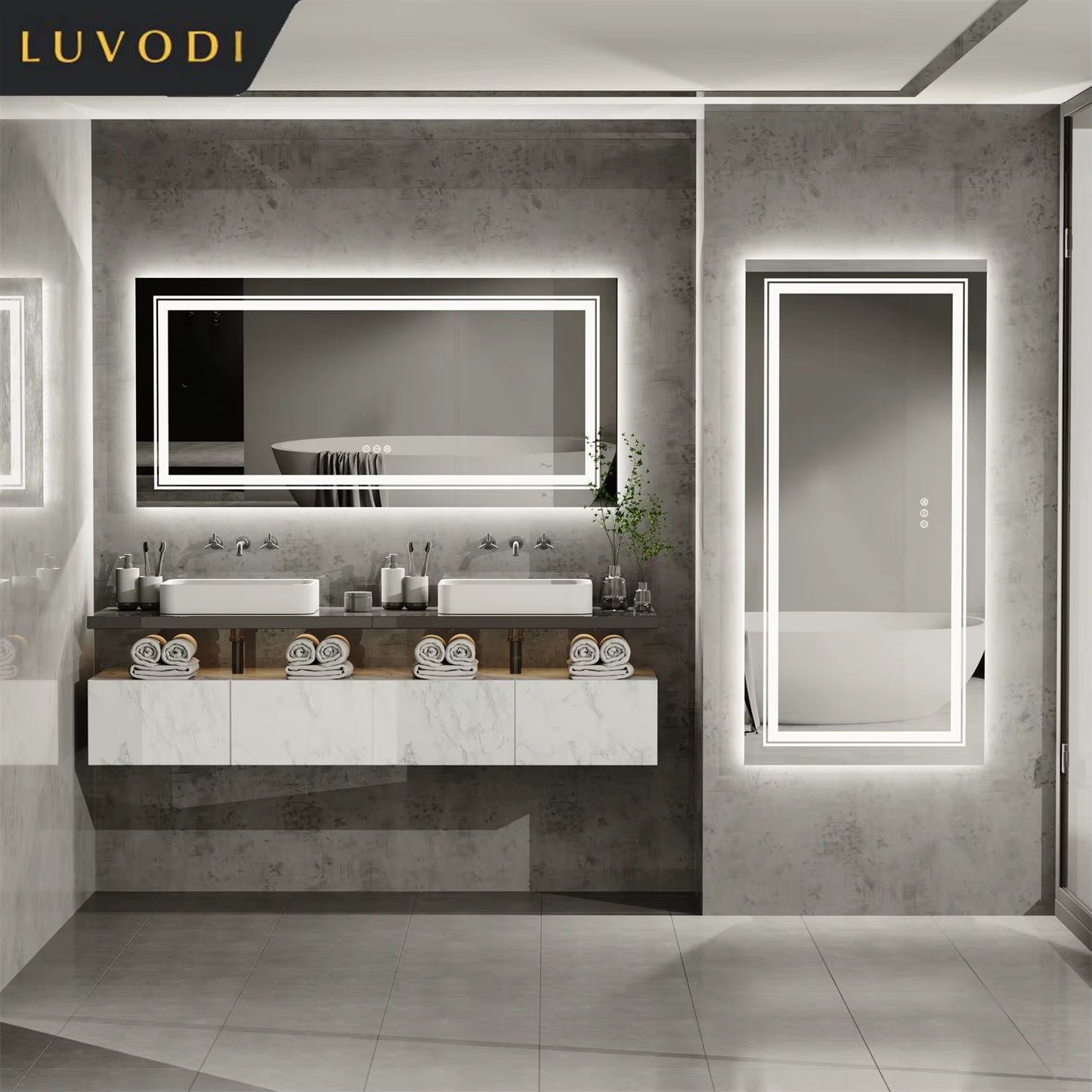 Large Illuminated Full-Length Dressing Mirror with Double Sink Design and Three Color Lighting Options