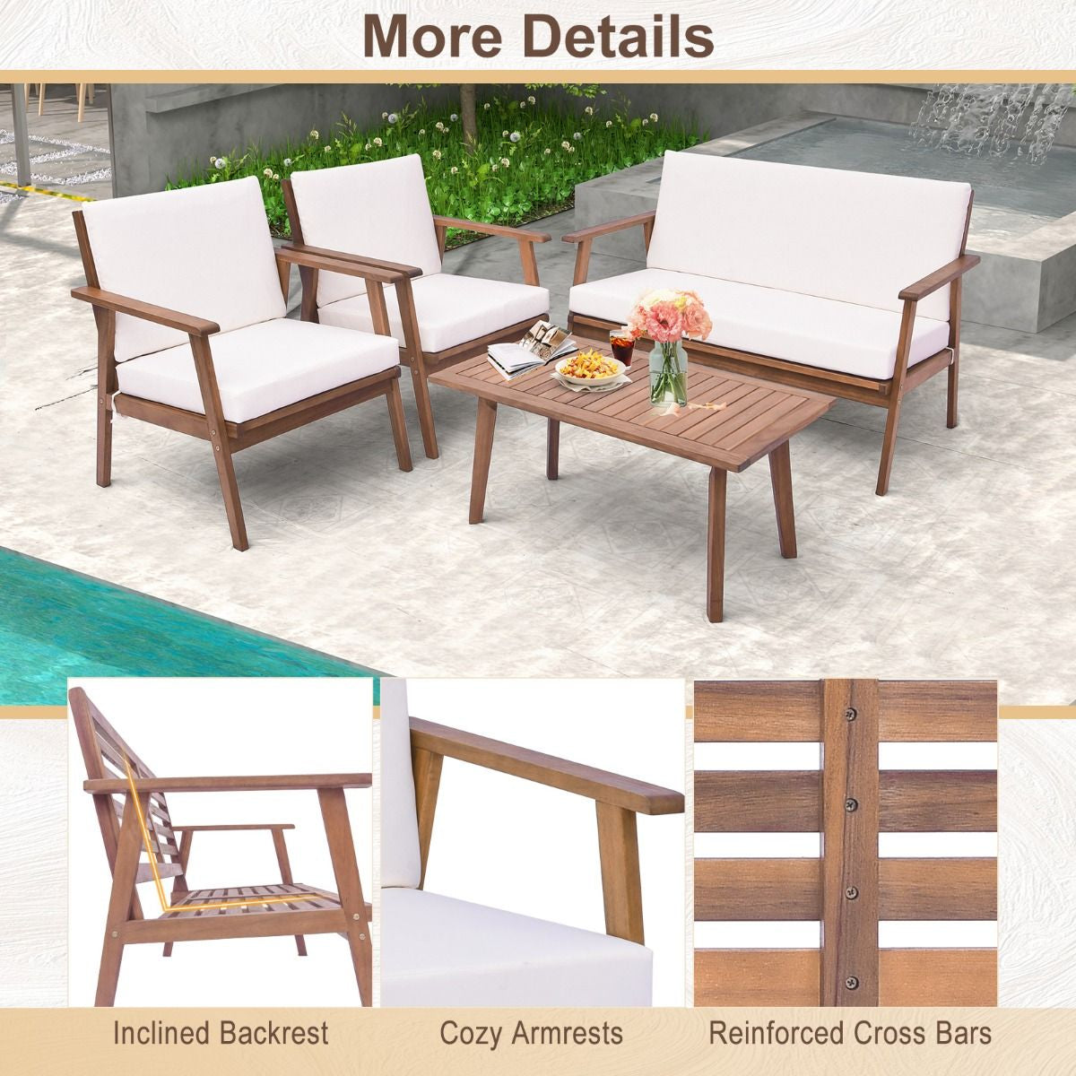 4 Piece Outdoor Conversation Set with Soft Seat and Back Cushions
