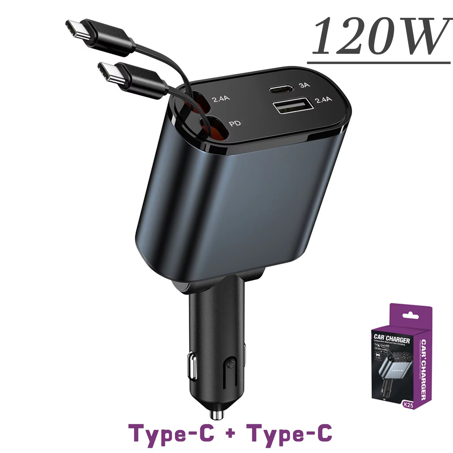 Ultimate 4-in-1 Retractable Car Charger with USB PD Type C Cable for Lightning-Fast iPhone Charging & QC Adapter