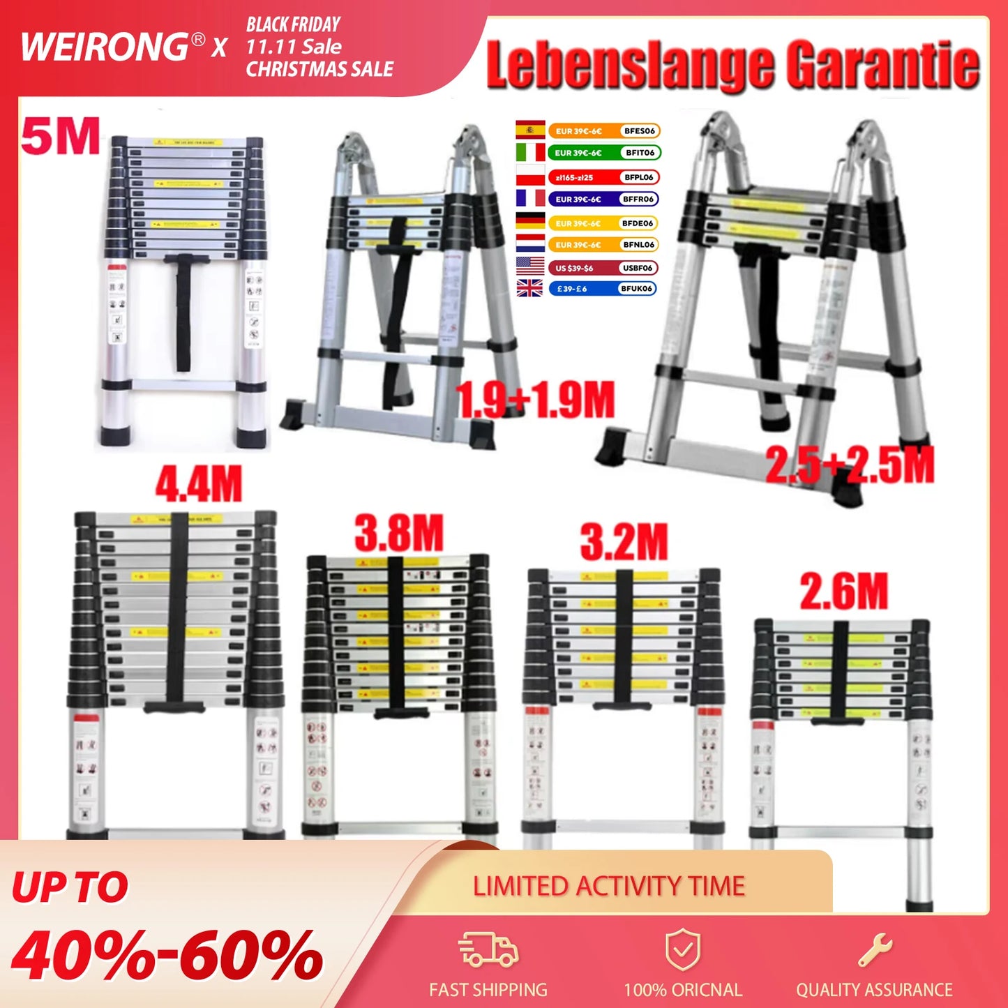 Telescopic Aluminium 2.6M-5M Folding Step Ladder,Multi-Purpose,Non-Slip,Extendible,Rungs,Lightweight,150Kg Load Capacity