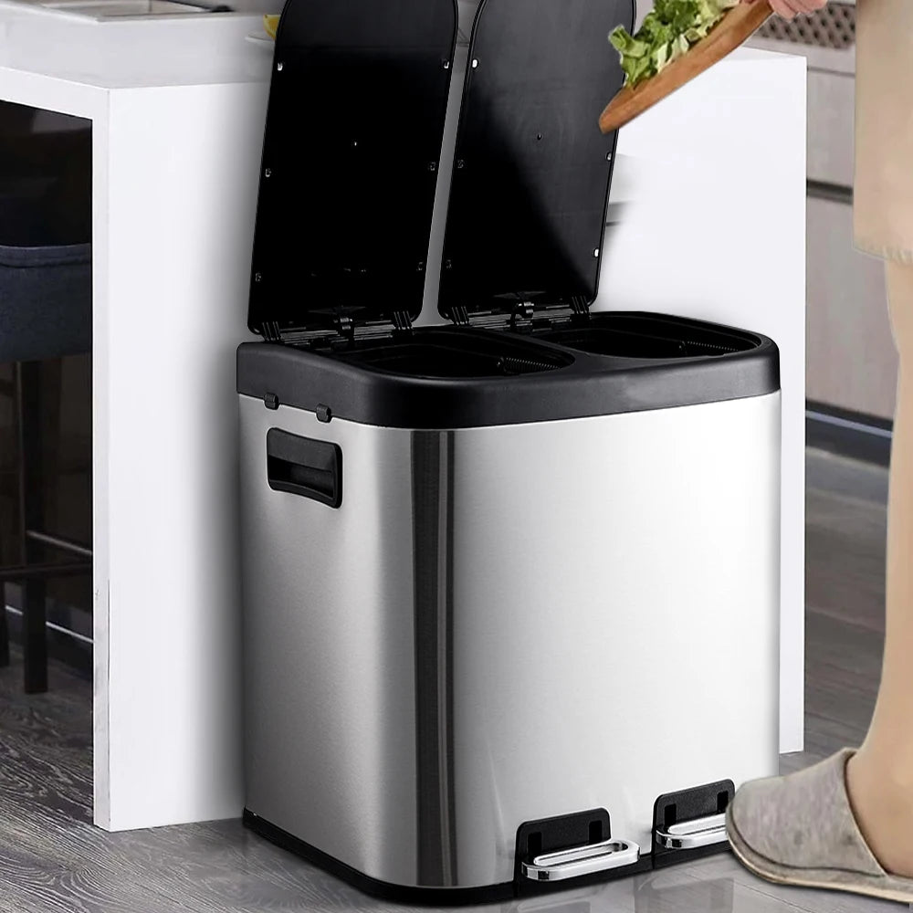30L Stainless Steel Step Open Trash Can with Dual Pedals Large Capacity