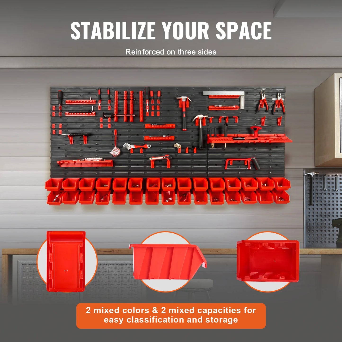 Wall Mounted Storage Bins 30/48-Bin Parts Rack Organizer Garage with Wall Panels Hooks Plastic Shop Tool for Screw Nails