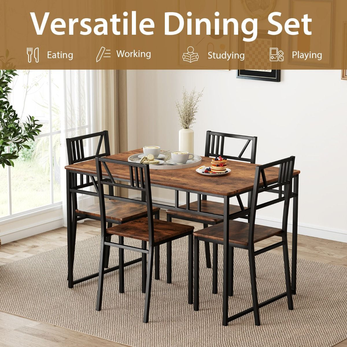 Stylish Industrial Kitchen Table Set with 4 Chairs - Wood-Look Top & Sturdy Metal Frame