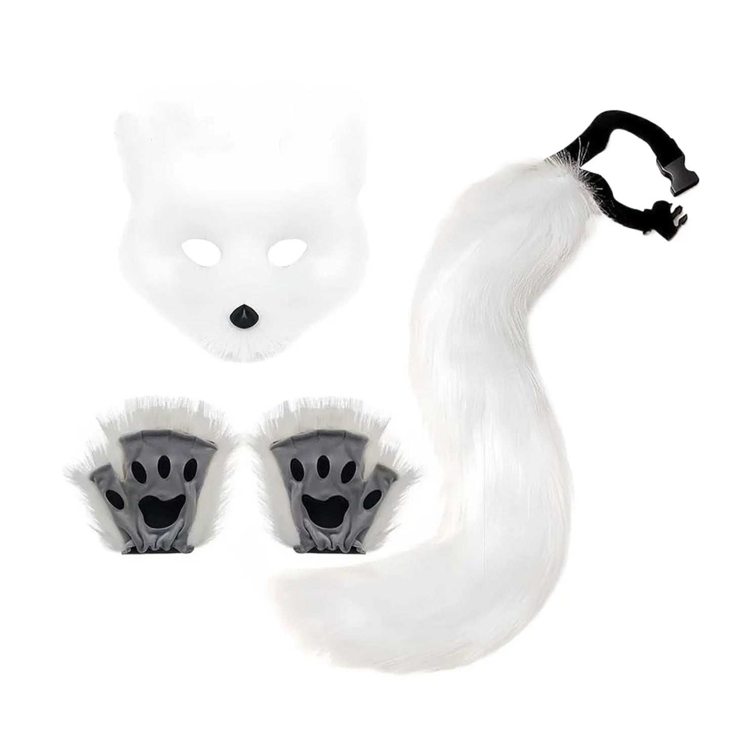 Simulated Costume Halloween Set with Plush Gloves Mask and Tail Prop Furry Tail Can Be Placed