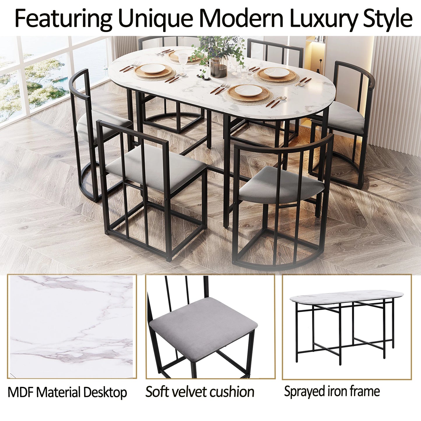 Stylish Six Chair Dining Table Set – Modern White with Upholstered Chairs and Iron Frame