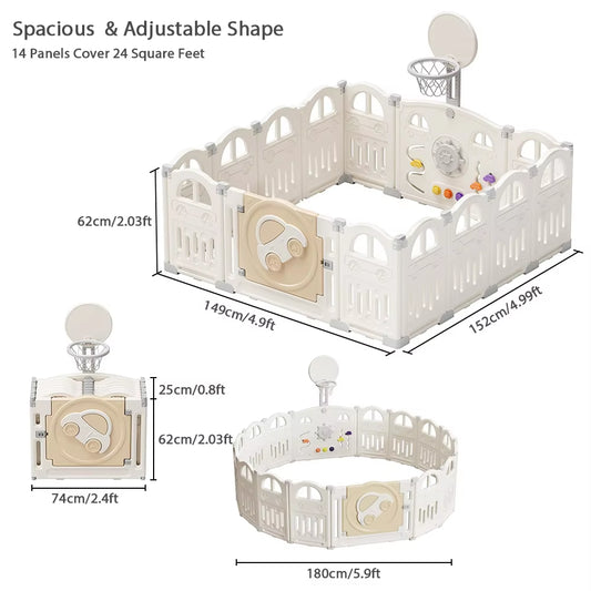 Ultimate Foldable Baby Playpen with Basketball Hoop & 50 Colorful Pit Balls - 14-Panel Toddler Play Fence