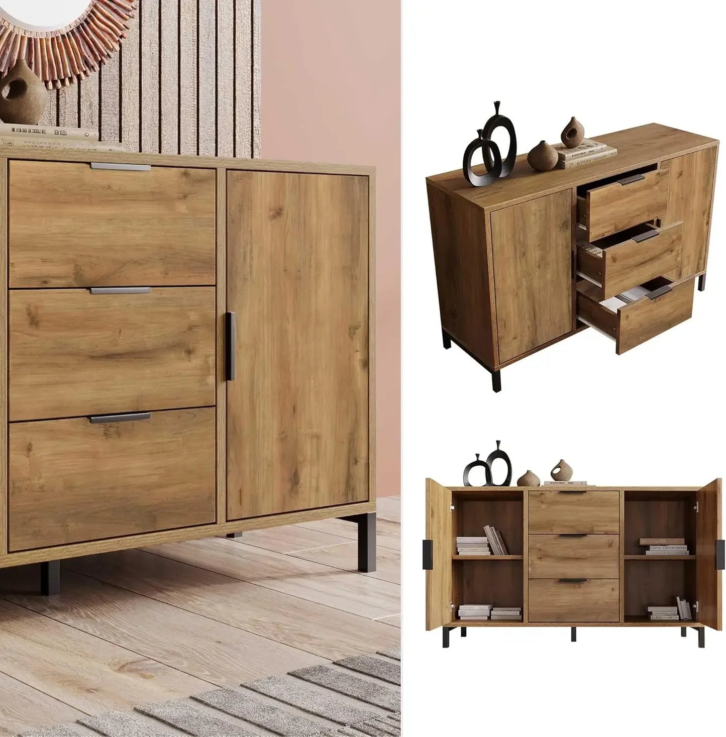 Sideboard Cabinet for Living Room Chest of Drawers with 2 Doors and 3 Drawers Adjustable Shel 40D X 120W X 76H Centimetres