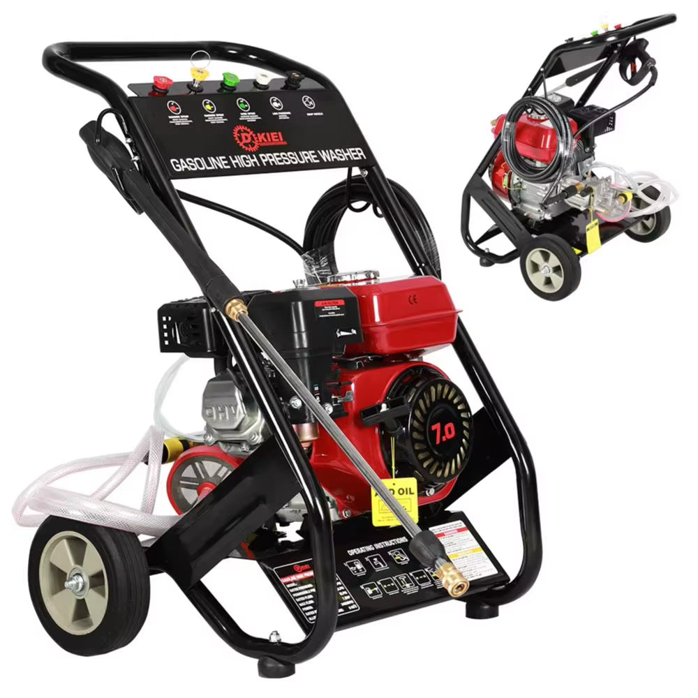 Heavy-Duty Metallic Pump Petrol Pressure Washer with 5 Quick-Connect Nozzles, Built-In Wheels & Large Tank for Cars