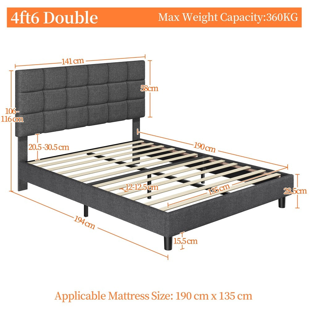 Upholstered Bed Frame, Modern Platform Bed Frame with Strong Wooden Slats Support and Square Tufted Headboard Height Adjustable