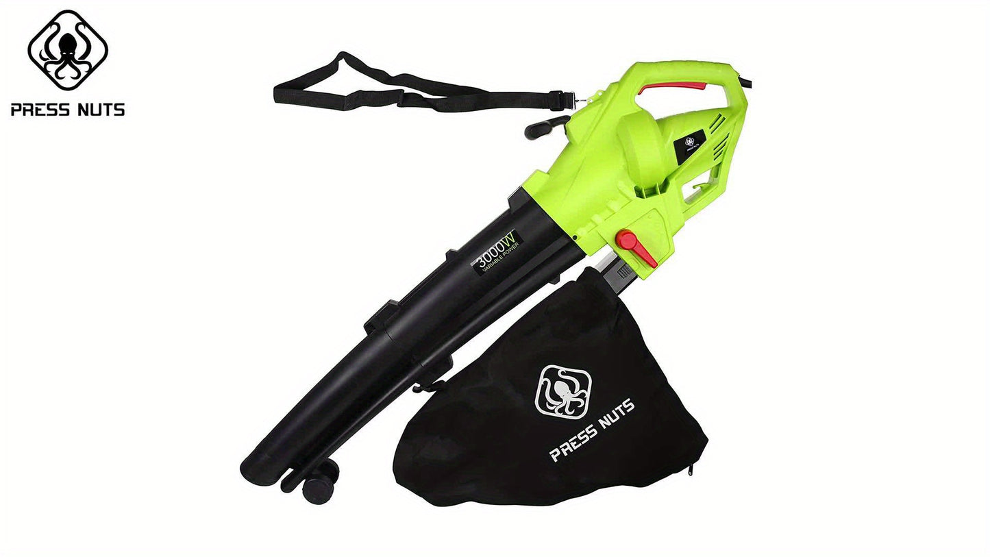 3000W 3-in-1 Leaf Blower & Vacuum Cleaner - Efficient Garden Leaf Collection with Large Storage Bag, Green