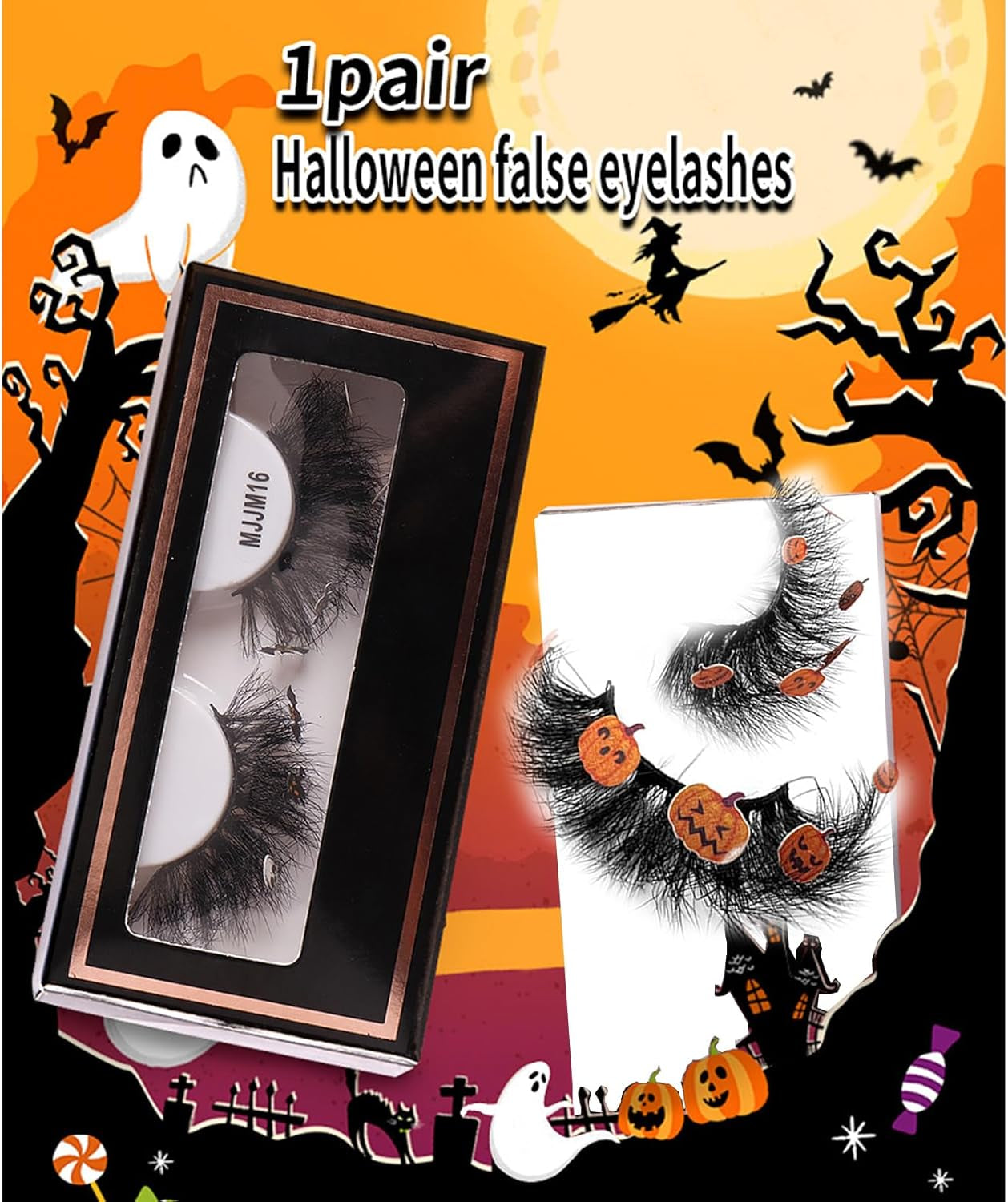 Halloween Eyelashes 3D Halloween Lashes Natural Pumpkin Eyelashes Reusable Eye Lashes Halloween False Eyelashes Natural Look Fake Eyelashes for Halloween Party, Halloween Cosplay, Gifts for Girls