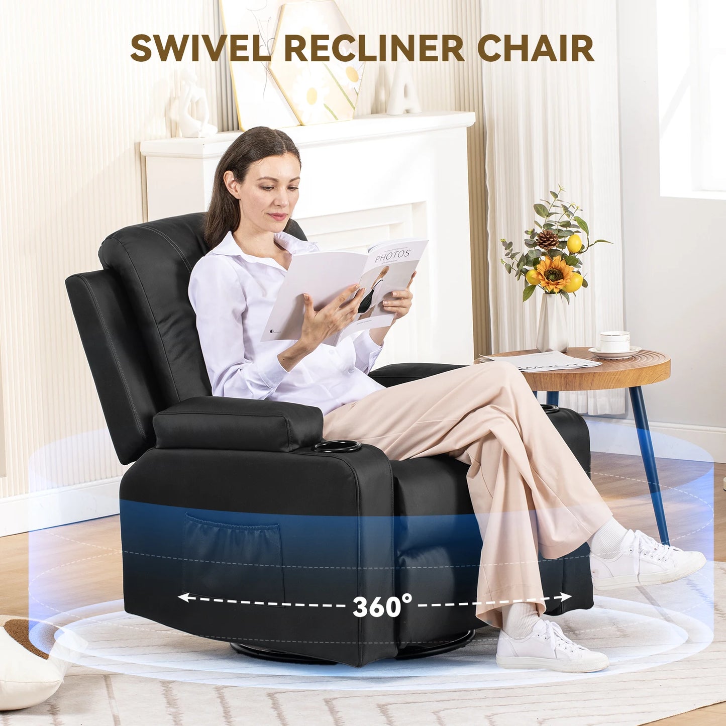Recliner Armchair Rocker Reclining Chair with Massage & Heat Padded Seat Extended Footrest Oversized Swivel Lounge Sofa