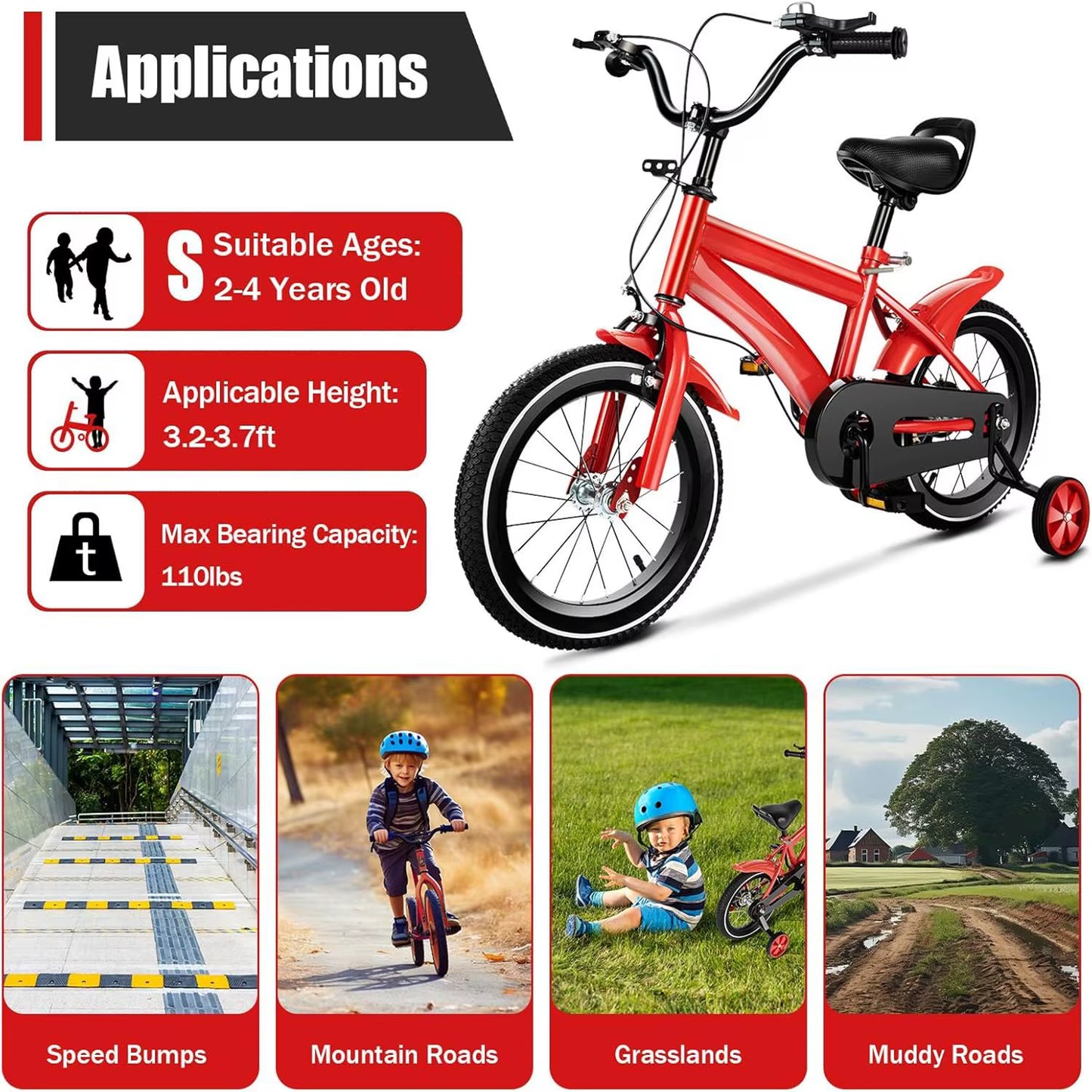 14 Inch Kids Bikes with Training Wheels High Carbon Steel Bicycle for Ages 3-6 Years