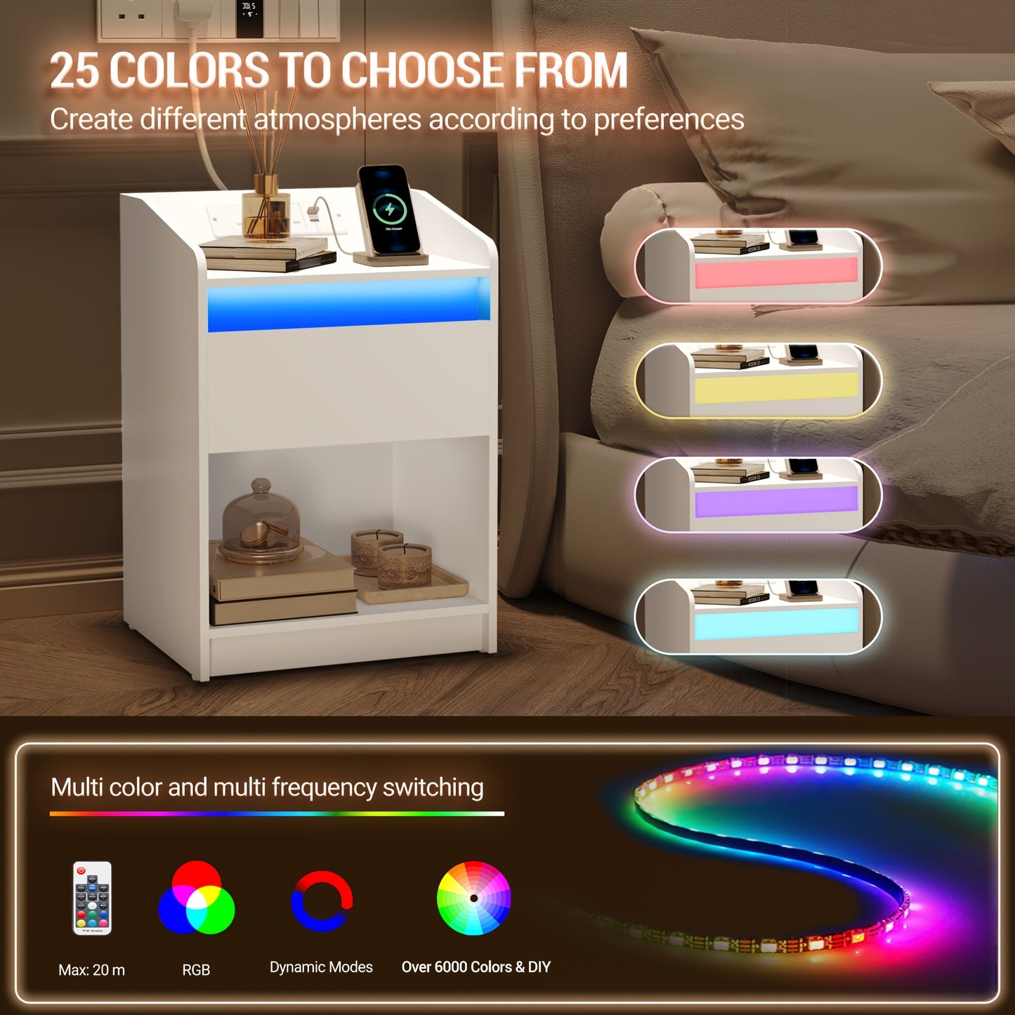 Bedside Table with LED Light - Side Table with Charging Station, 1 Storage Drawer Bedside Table