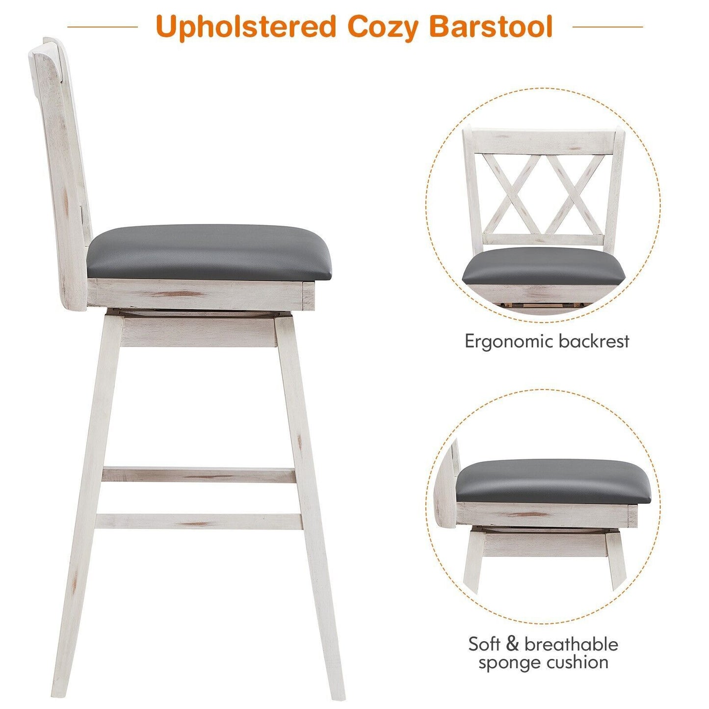 Set of 2 Counter Height Bar Stool with Foot Rest Upholstered Cushion