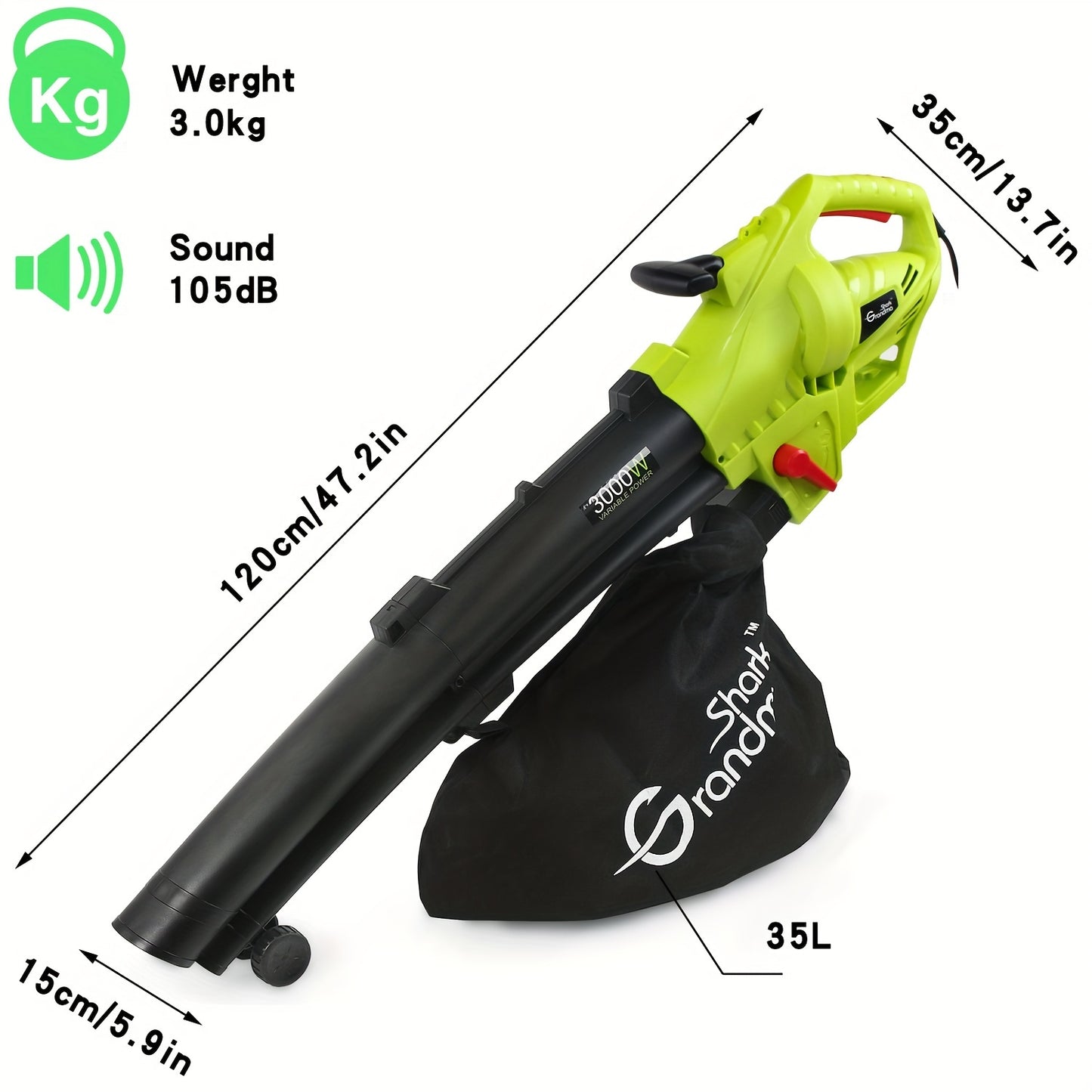 3000 W 3 in 1 Leaf Blower, Garden Leaves Vacuum Cleaner with Collection Bag (Green)