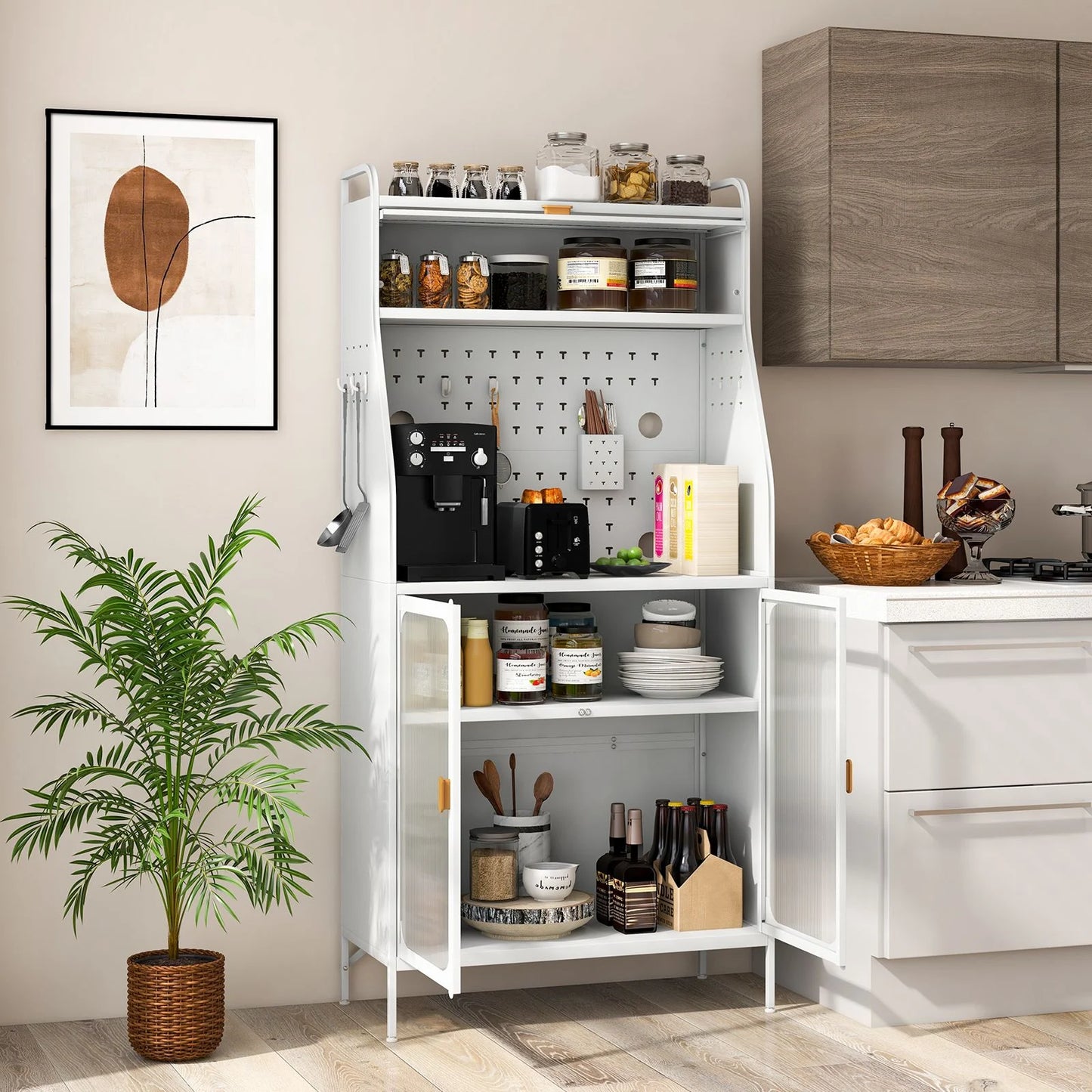Kitchen Pantry Storage Cabinet Freestanding Baker Rack with Pegboard