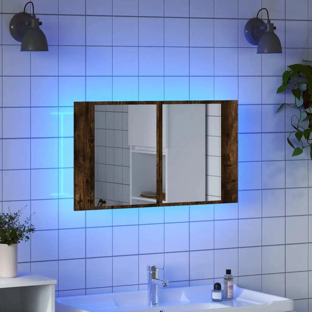 Smoked Oak LED Bathroom Mirror Cabinet - 80X12X45 Cm, Acrylic Finish for Modern Storage