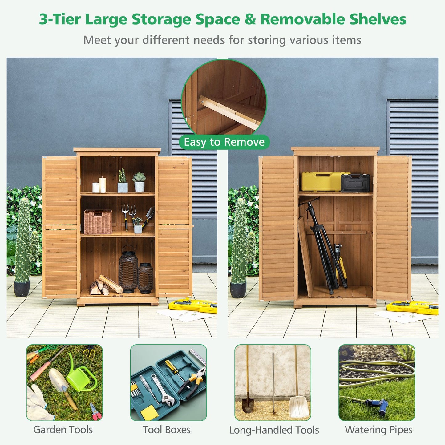 Outdoor Wooden Storage Shed with 3 Removable Shelves for Garden Deck
