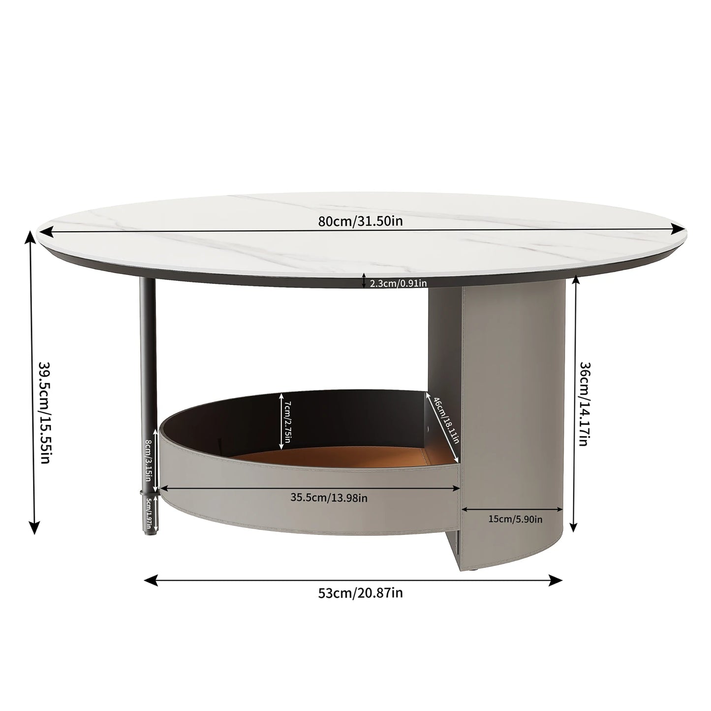 Round Coffee Side End Table with Sintered Stone-Top and Microfiber Saddle Leather Storage Shelf