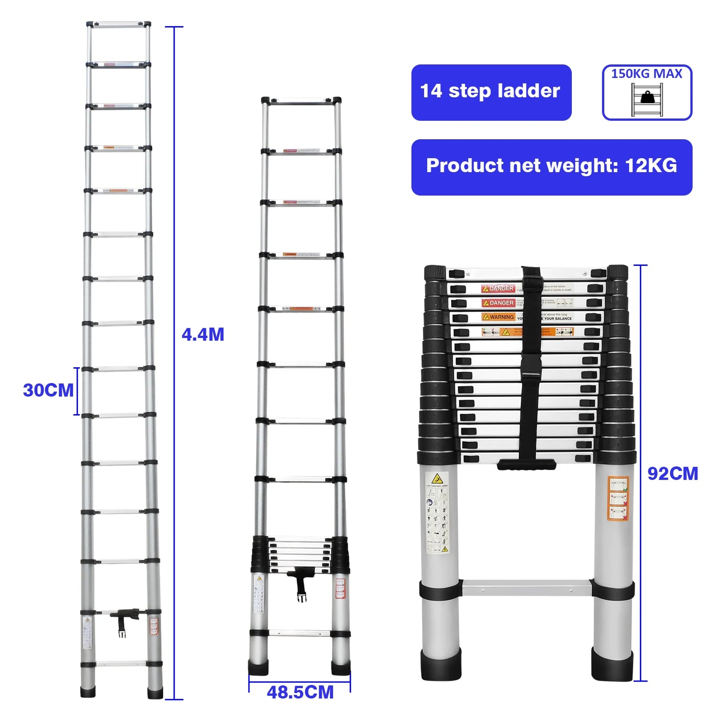 4.4 M Multi-Purpose Telescopic Aluminium Ladder, Extendable Folding Ladder, Non-Slip Steps, 150 Kg Load Capacity