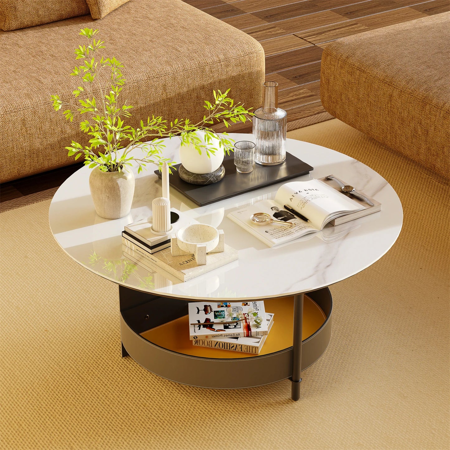 Round Coffee Side End Table with Sintered Stone-Top and Microfiber Saddle Leather Storage Shelf