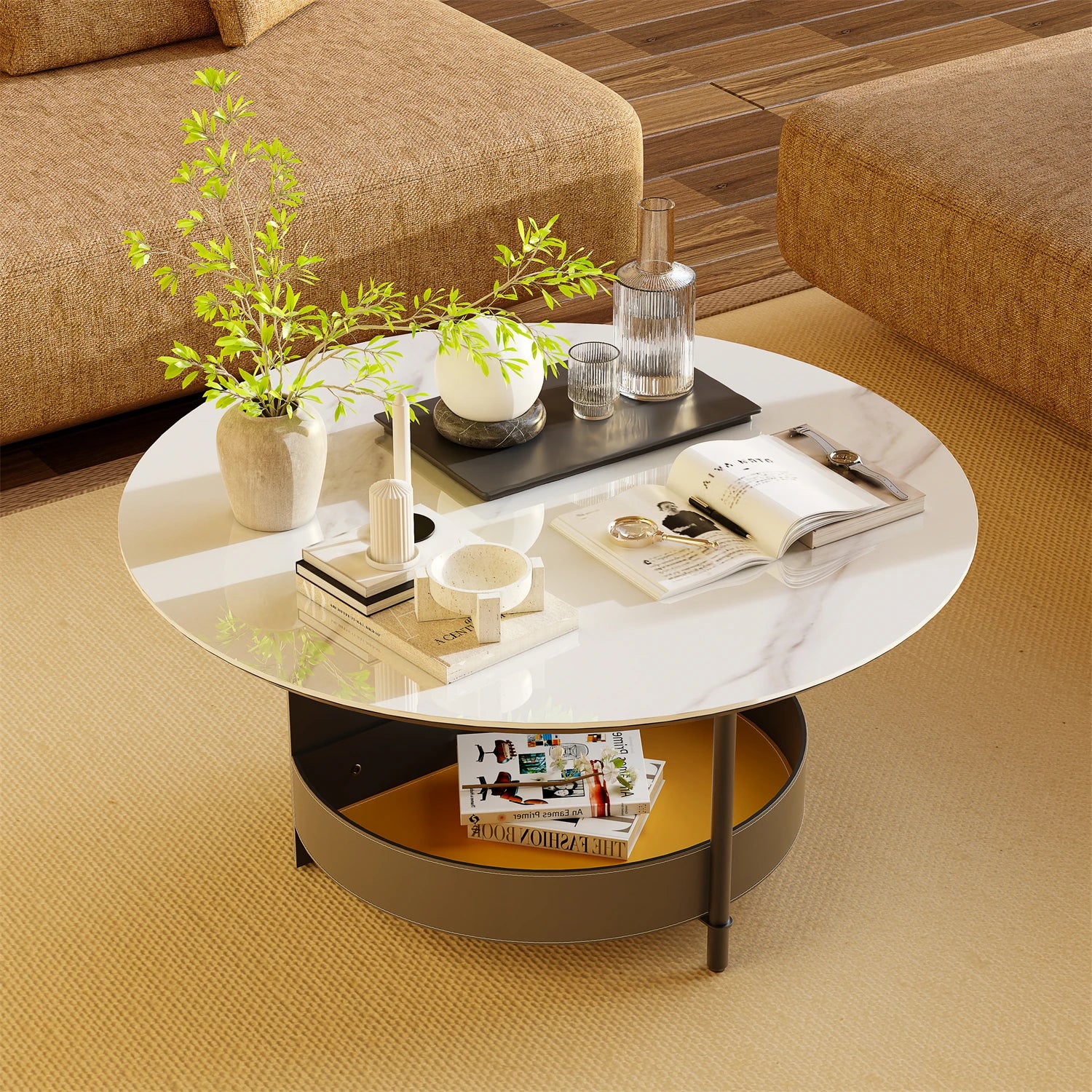 Round Coffee Side End Table with Sintered Stone-Top and Microfiber Saddle Leather Storage Shelf