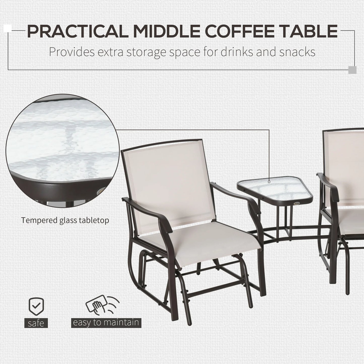 Beige Double Glider Rocking Chairs Loveseat with Garden Table