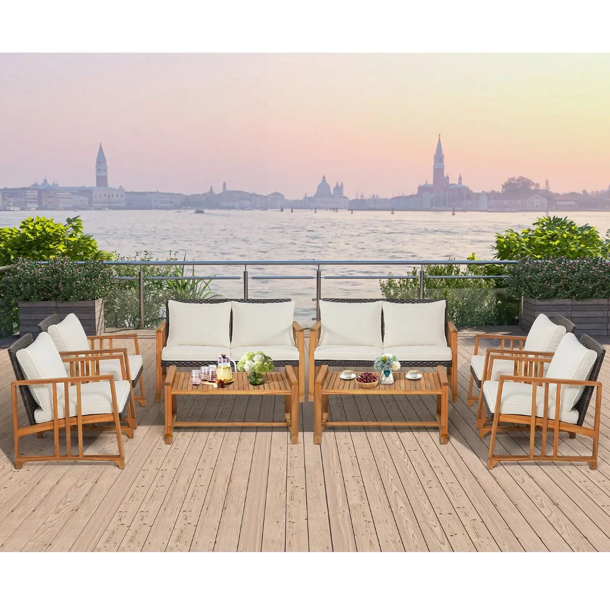 Outdoor Mix Brown Rattan Set with Acacia Wood Frame and Back Cushions