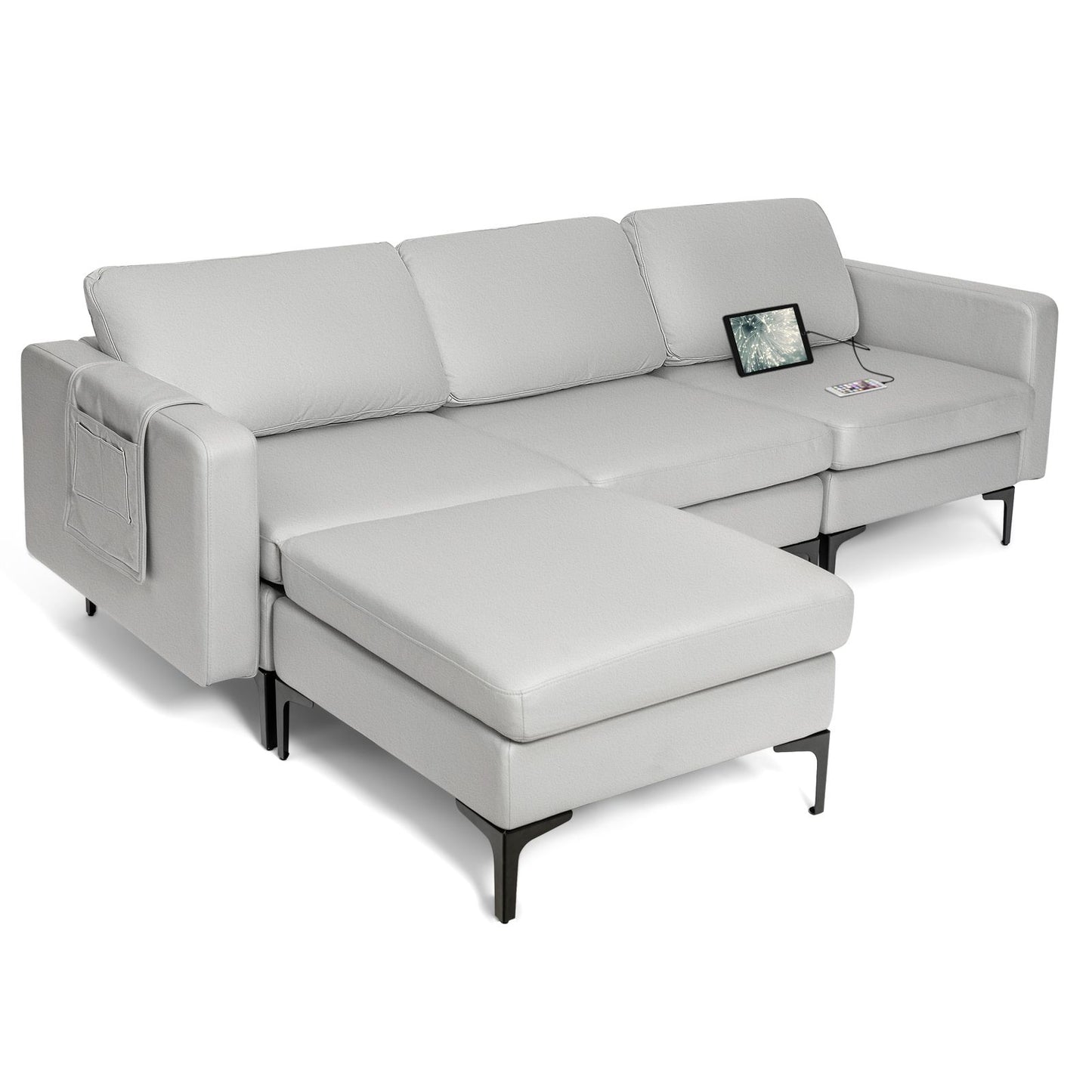 Stylish Modular L-Shaped Sofa with Reversible Ottoman & Convenient Built-In Socket