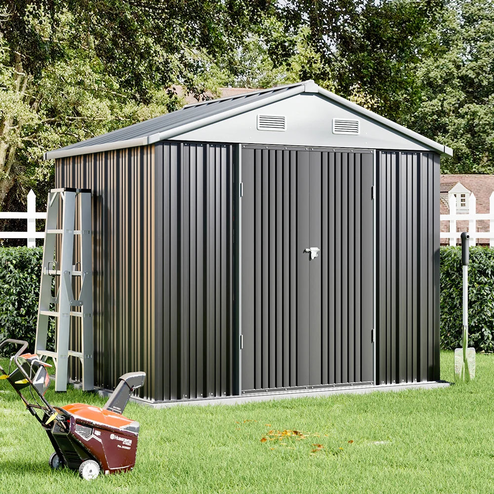 【】6 X 8 FT Outdoor Metal Storage Shed with Floor Frame Base, Galvanized Steel Garden Shed with 4 Ventilation Openings
