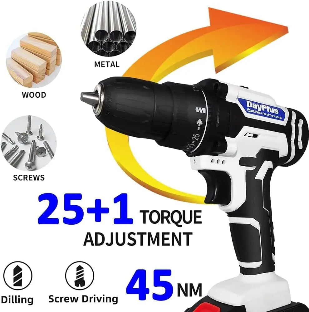 Cordless Drill Driver 21V, Power Tool Electric Screwdriver, 25+1 Torque, 2 Speed, LED Light, Combi Drill Kit for Home and Garden